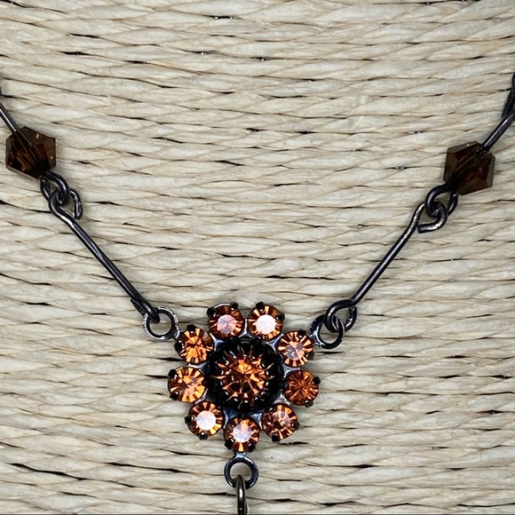 3 PIECE SET!! Earrings + TWO Flower Dangle Necklaces Rendered in Orange Crystals - Picture 7 of 11